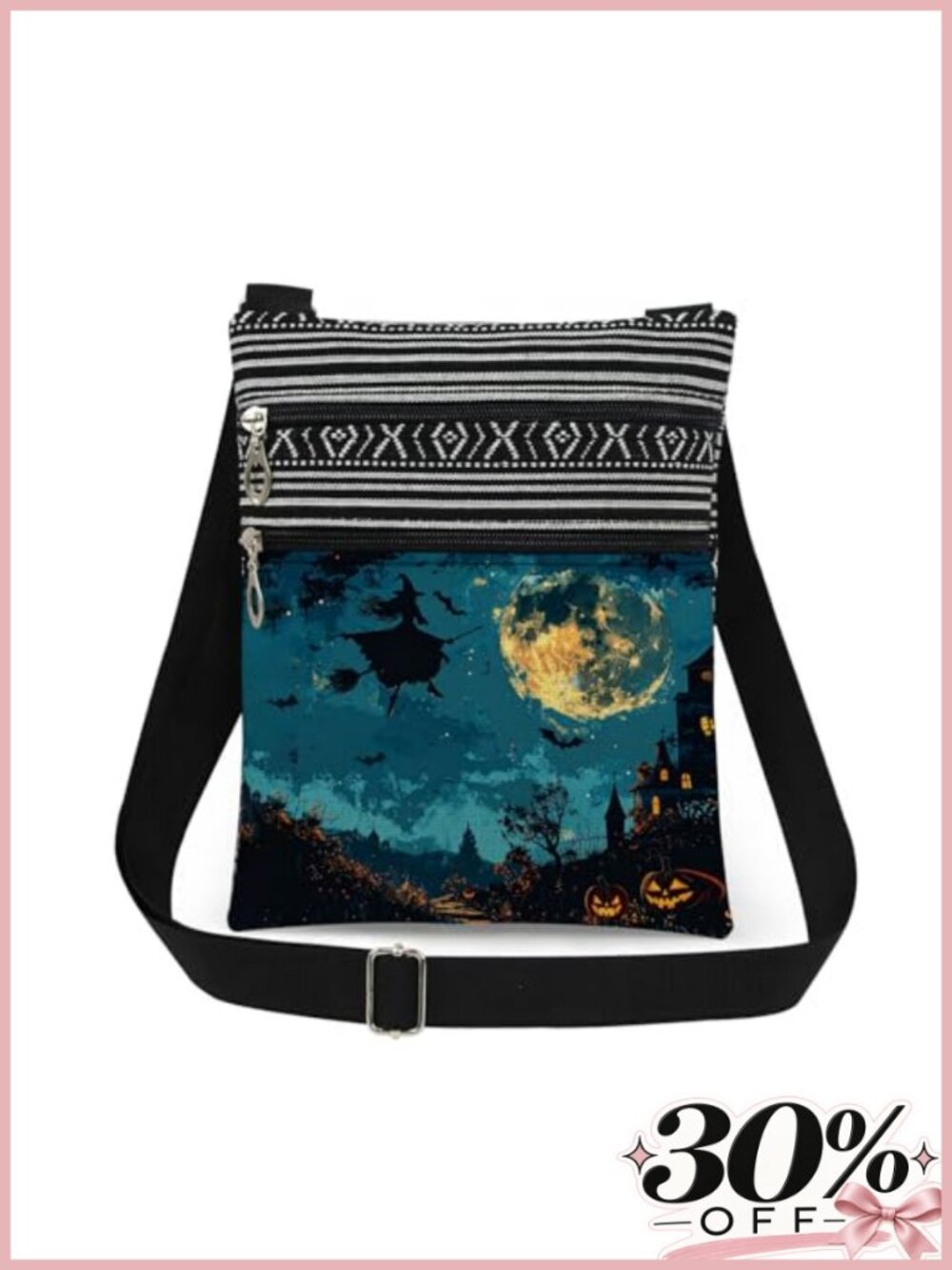 Vintage Halloween Crossbody Bag Witch Bats Jack o' Lantern Adjustable Strap